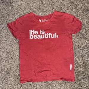Dutch Bros Red Tee with 'Life is Beautiful' Print